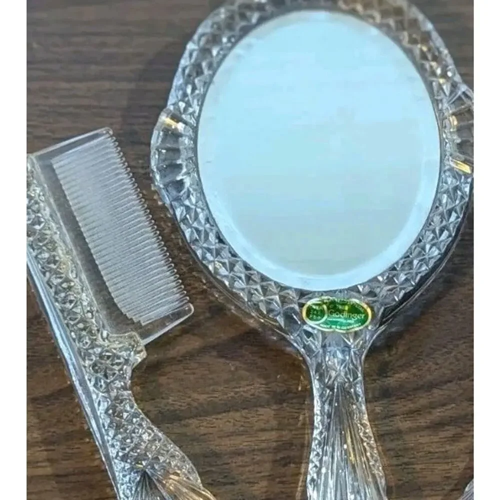 Vtg 3 Pc Godinger Crystal Victorian Style Dresser Vanity Set Mirror Brush Comb